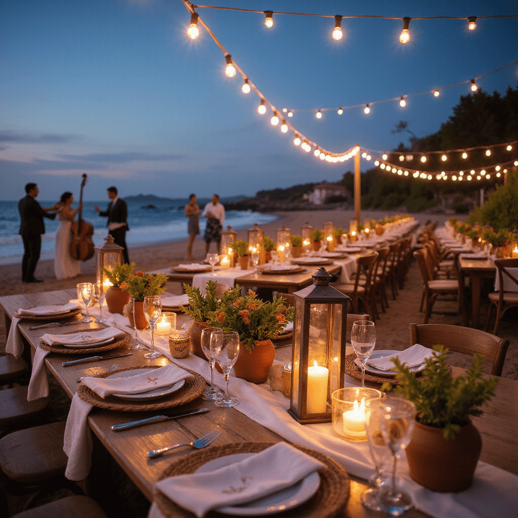 A picturesque beachfront wedding reception at twilight, featuring long tables with sheer white runners, flickering lanterns, tropical flower arrangements in terra cotta pots, woven chargers, white plates, and colorful napkins. Wooden signs with Spanish phrases serve as table numbers, while strings of market lights create a soft canopy overhead. A mariachi band plays in the background as guests dance barefoot on the sand.