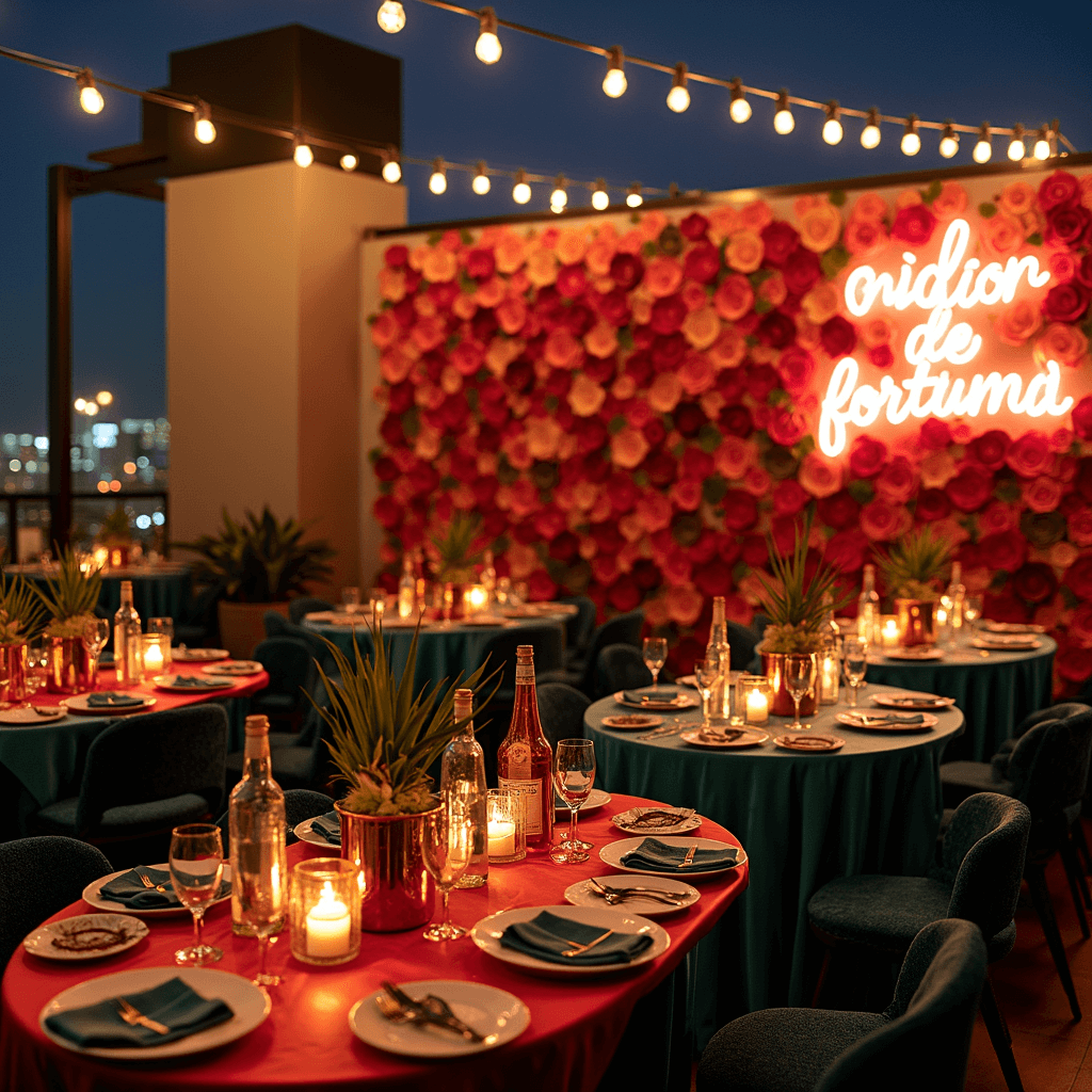 A chic rooftop Mexican cocktail party featuring high cocktail tables with jewel-toned velvet linens, artisanal mezcal bottle centerpieces, copper Moscow mule mugs with air plants, a build-your-own margarita station, neon Spanish signs, and a flower wall of ombré paper flowers, set against a vibrant urban backdrop.