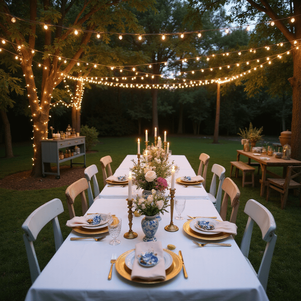 A dreamy twilight garden party featuring a long farmhouse table with white linen, illuminated by twinkling fairy lights, surrounded by mismatched pastel chairs, floral centerpieces in blue-and-white vases, and a rustic bar cart, all set in a lush backyard.