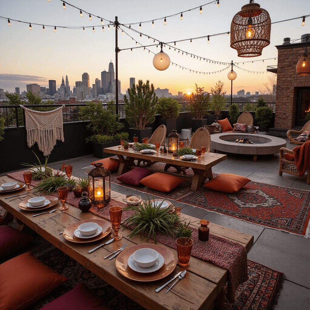 An intimate boho-chic dinner party on a stylish rooftop terrace at sunset, featuring low wooden tables with Moroccan rugs and plush cushions, adorned with copper plates, ceramic bowls, and glassware, surrounded by succulents and pampas grass, with macramé hangings, rattan lanterns, and strings of Edison bulbs, alongside a glowing fire pit and cozy throw blankets, against a city skyline backdrop.