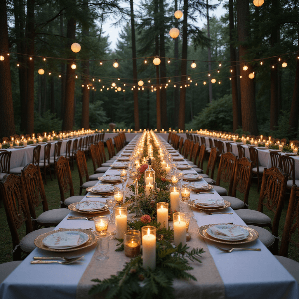 A whimsical midsummer night's dinner party in a forest clearing, featuring U-shaped tables adorned with shimmering gossamer runners, glowing pillar candles, vintage pastel china, crystal decanters, and floral garlands, all under paper lanterns and fairy lights, captured from a low angle amid dusk's enchanting ambiance.