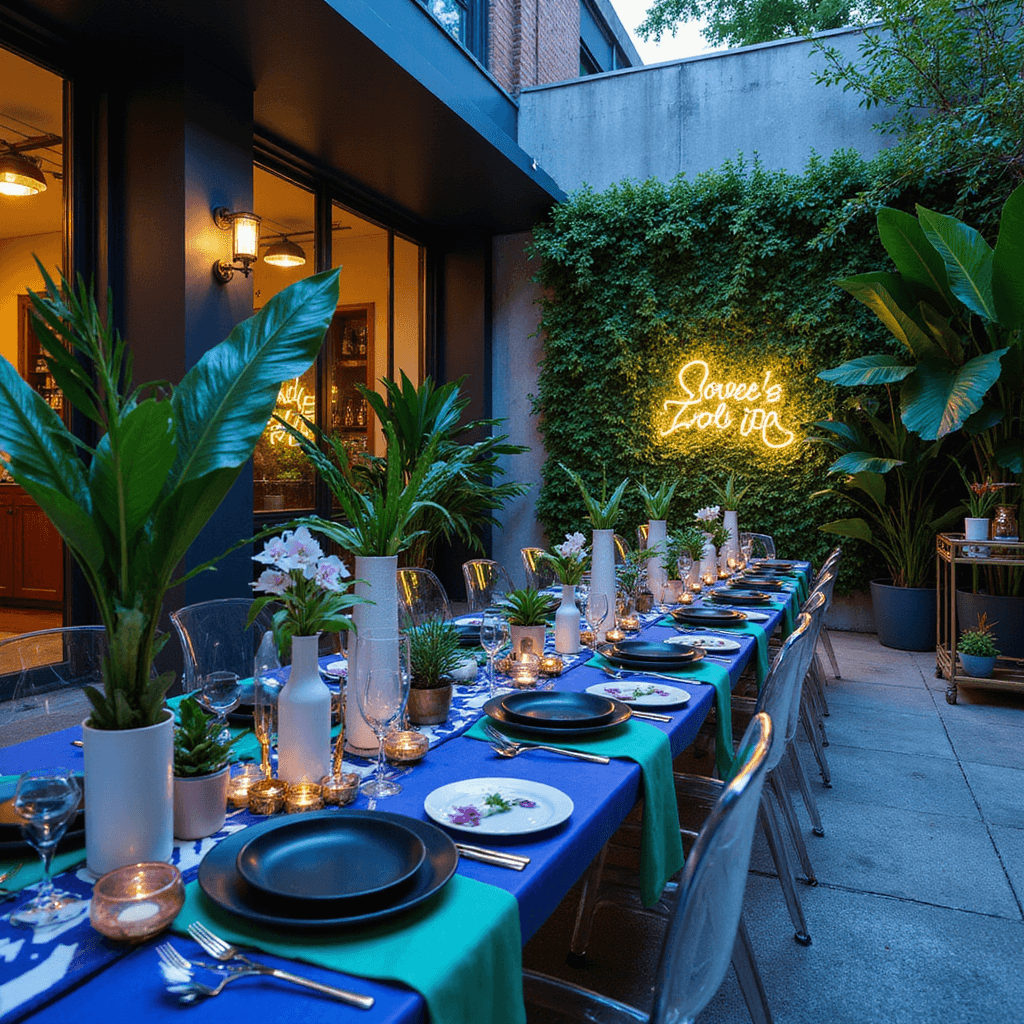 A modern al fresco dinner party in an urban courtyard features long acrylic tables set with geometric placemats, matte black plates, and gold flatware. Colorful tropical leaf and orchid centerpieces are displayed in white vases, surrounded by lucite ghost chairs. A backdrop of cascading greenery and neon signage enhances the atmosphere, while a minimalist bar cart serves cocktails. Uplighting highlights the architectural details as night falls.
