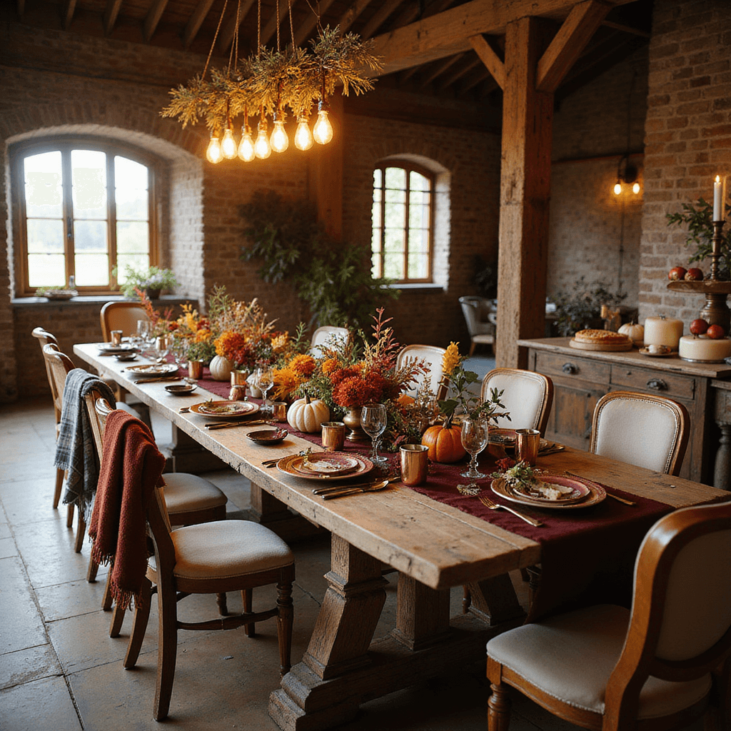 A cozy autumn dinner party in a rustic barn with golden hour light, featuring a wooden harvest table adorned with a burgundy velvet runner, mismatched vintage chairs with plaid throws, hand-thrown ceramic plates, copper mugs, rosemary-tied napkins, seasonal centerpieces of pumpkins and gourds, a warm chandelier, and a dessert station with apple pie and cheese board.