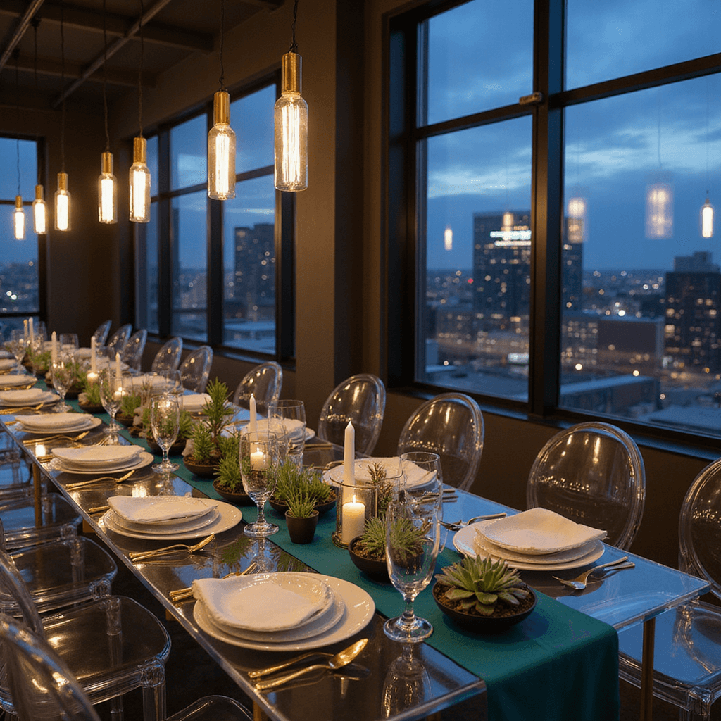 Crafting the Perfect Backyard Dinner Party: A Magical Evening Under the Stars A modern minimalist celebration in a sleek loft features long acrylic tables set with white dinnerware, matte black accents, and gold cutlery. Geometric terrariums with air plants and succulents act as centerpieces, with taper candles in brass holders adding drama. Pendant lights create an interplay of light, while floor-to-ceiling windows showcase a city skyline at night, complemented by ghost chairs and teal table runners for a refined touch.