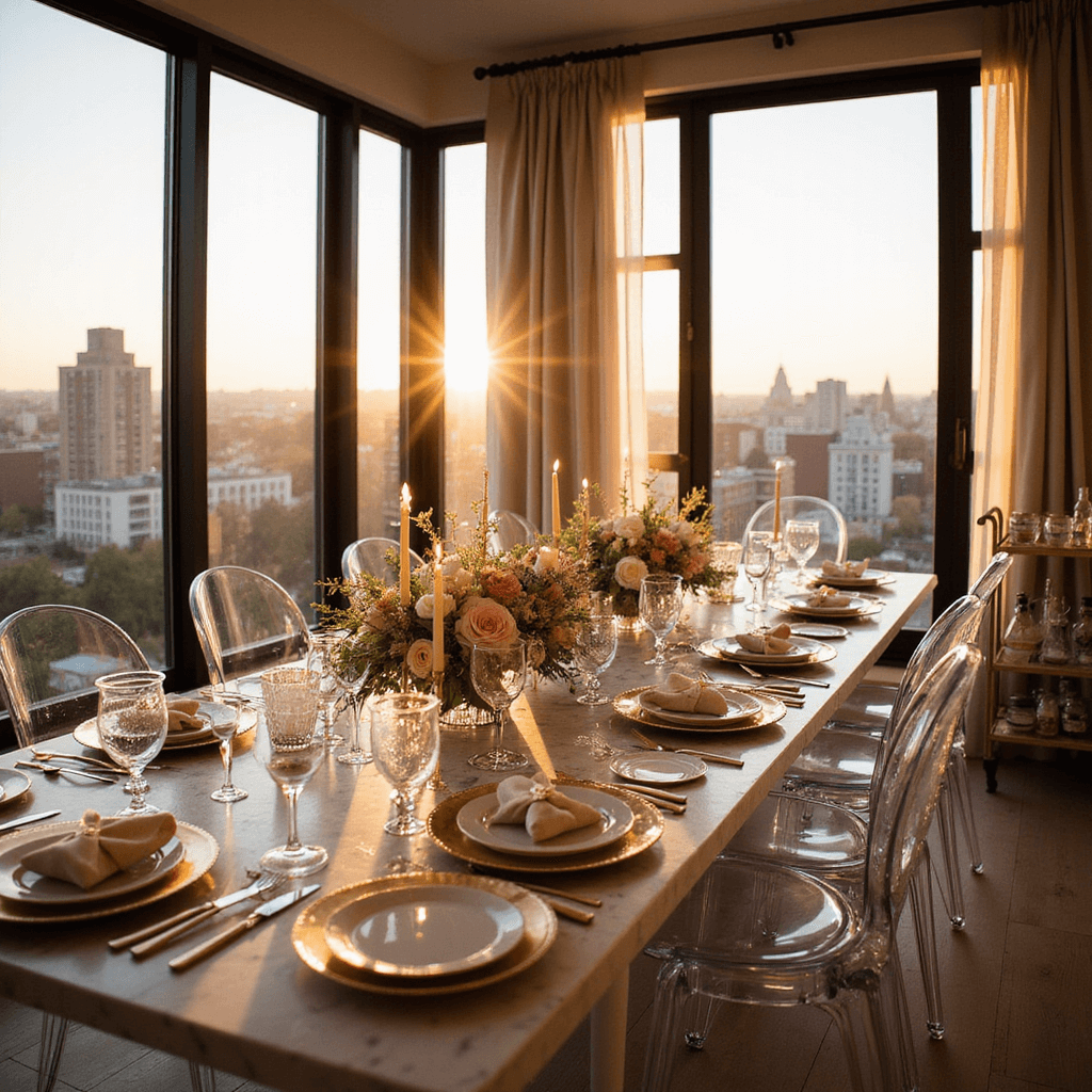 A sophisticated dinner party scene in a modern apartment during golden hour, featuring a long marble dining table with crystal glassware, gold-rimmed china, and blush and cream floral centerpieces, illuminated by warm light from floor-to-ceiling windows with ghost chairs, sheer drapery, candles, and a nearby bar cart.