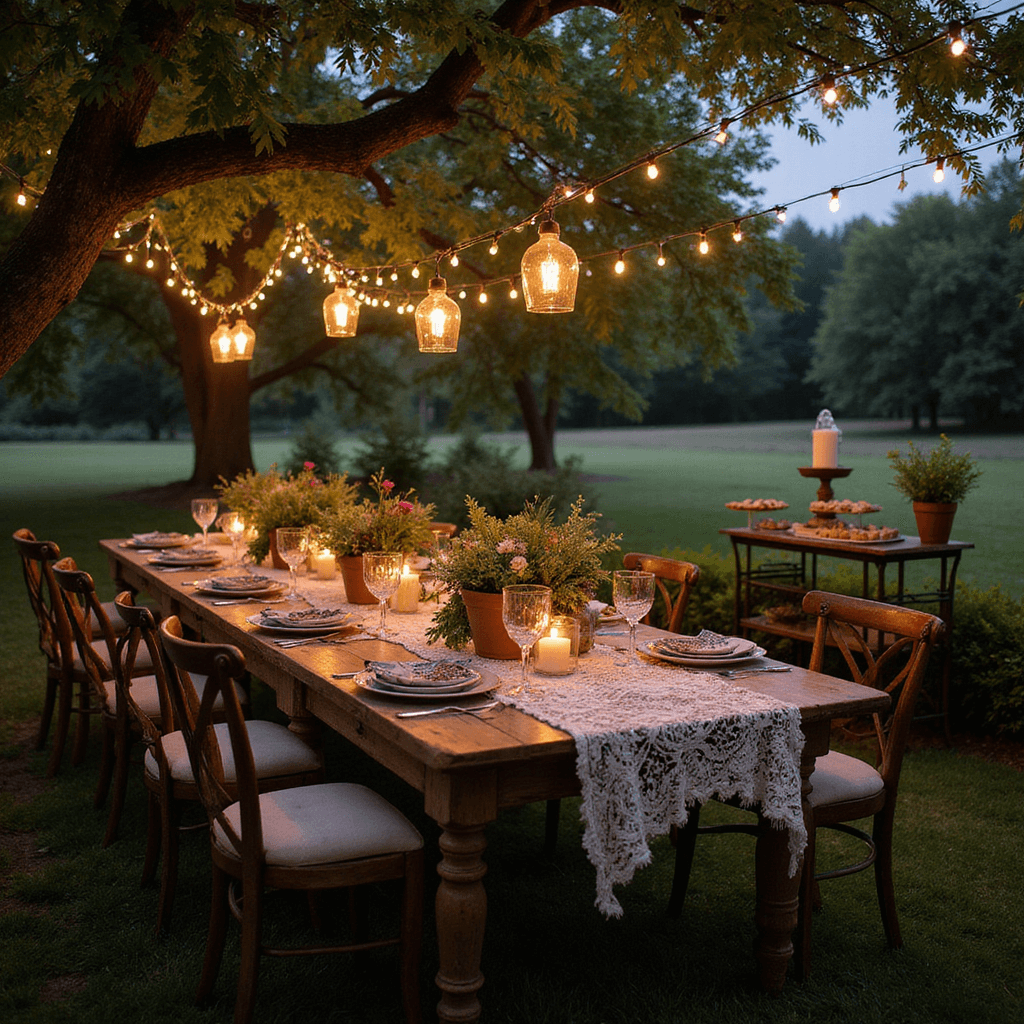 An intimate garden party at dusk, adorned with twinkling fairy lights and vintage decor, featuring a rustic wooden table with a lace tablecloth, mismatched china, and cut crystal glasses, surrounded by lush greenery and wildflowers in terracotta pots, with hanging lanterns casting a romantic glow.