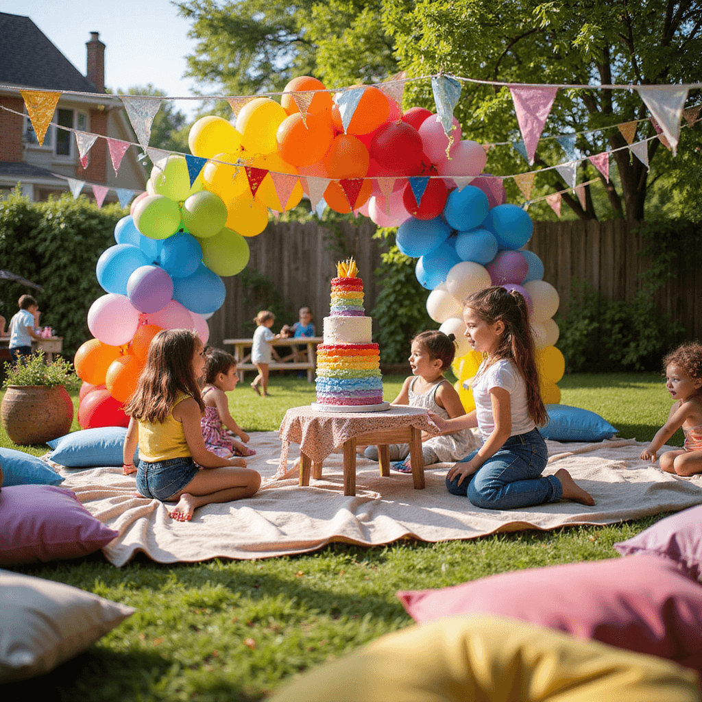 A vibrant children's birthday celebration in a sun-drenched backyard, featuring a picnic-style setup with low tables, colorful floor cushions, a rainbow cake, and a balloon arch, surrounded by activity stations and playful children.
