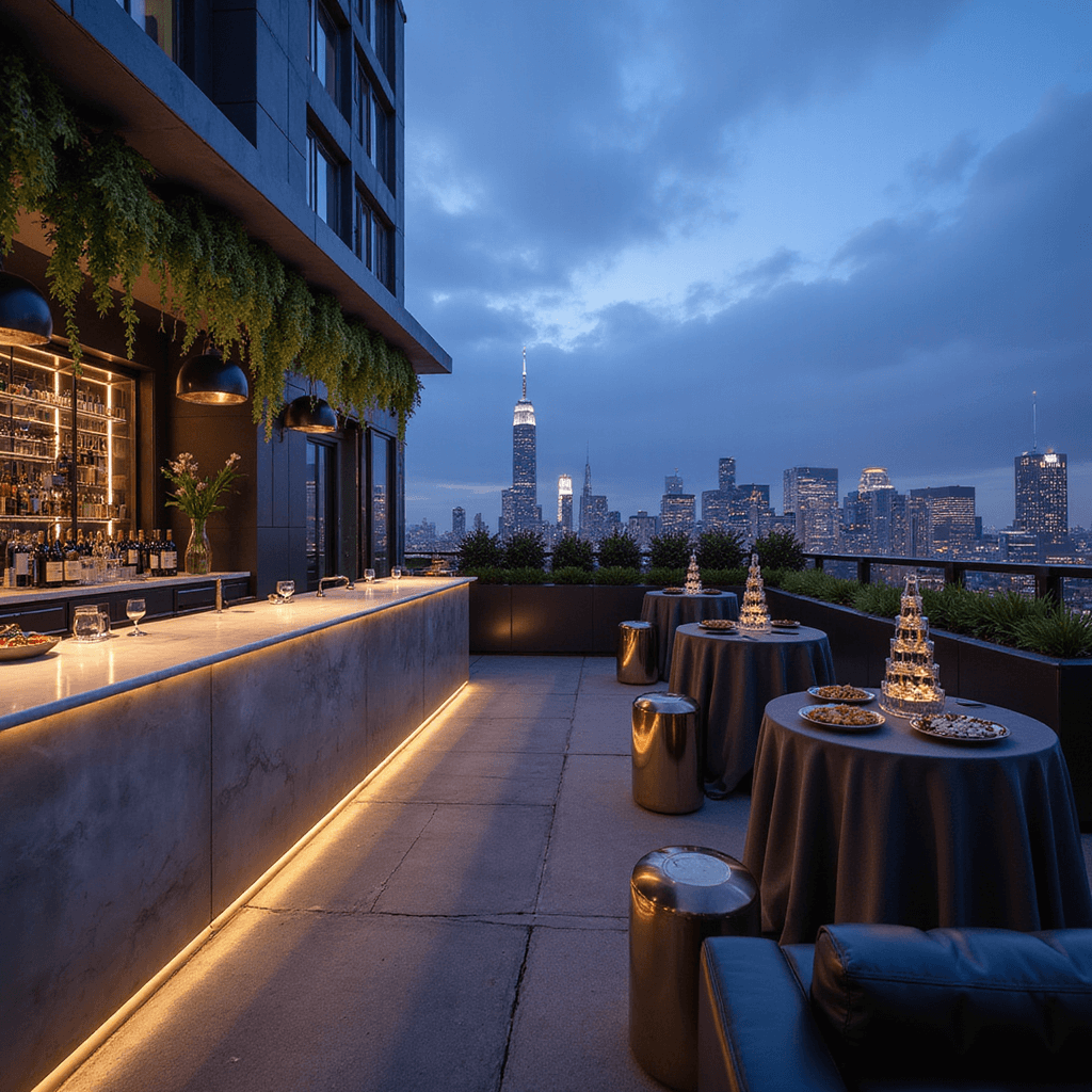 An elegant rooftop cocktail party at blue hour, featuring a sleek marble bar, high tables with jewel-toned floral arrangements, low leather seating, a champagne tower, and a stunning city skyline backdrop.