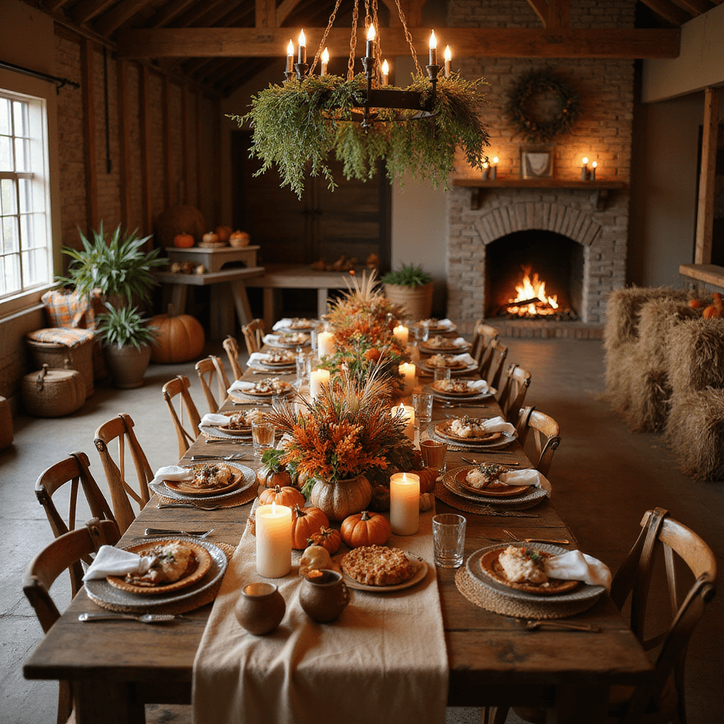 A warm autumn dinner gathering in a rustic barn, featuring long wooden tables with burlap runners, mismatched chairs, and centerpieces of pumpkins, gourds, and fall foliage, illuminated by iron chandeliers and candlelight, with a cozy fire pit and a dessert table in the background.