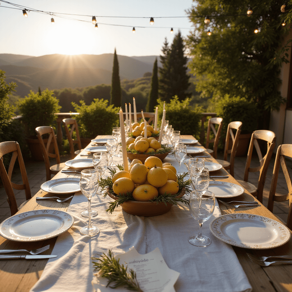 A sunlit terrace of a Tuscan villa set for dinner with a long wooden table, mismatched vintage tableware, and a centerpiece of lemons and olive branches. Fairy lights illuminate the scene against a backdrop of rolling hills and cypress trees. A handwritten menu and fresh rosemary adorn the table. Italian Dinner Party Aesthetic