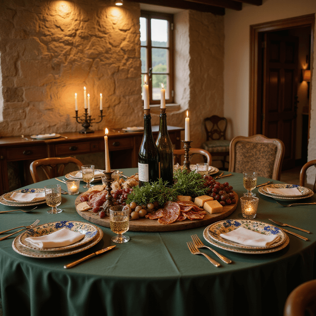 Intimate dining room with stone walls and wooden beams, featuring a round table draped in deep green linen, adorned with a centerpiece of herbs in terracotta pots, hand-painted Italian dishware, a rustic antipasti board, and vintage Chianti bottle candle holders.