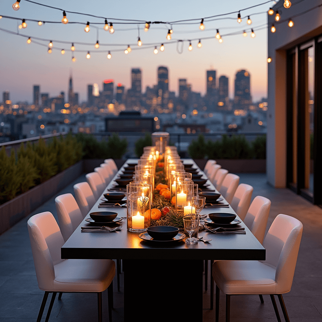 A modern rooftop terrace at dusk featuring a long communal table with sleek white chairs, minimalist black and copper table settings, a citrus and rosemary centerpiece, oversized glass lanterns, and string lights overhead, with a stylish bar cart displaying Negroni ingredients in the foreground, all overlooking a twinkling city skyline.