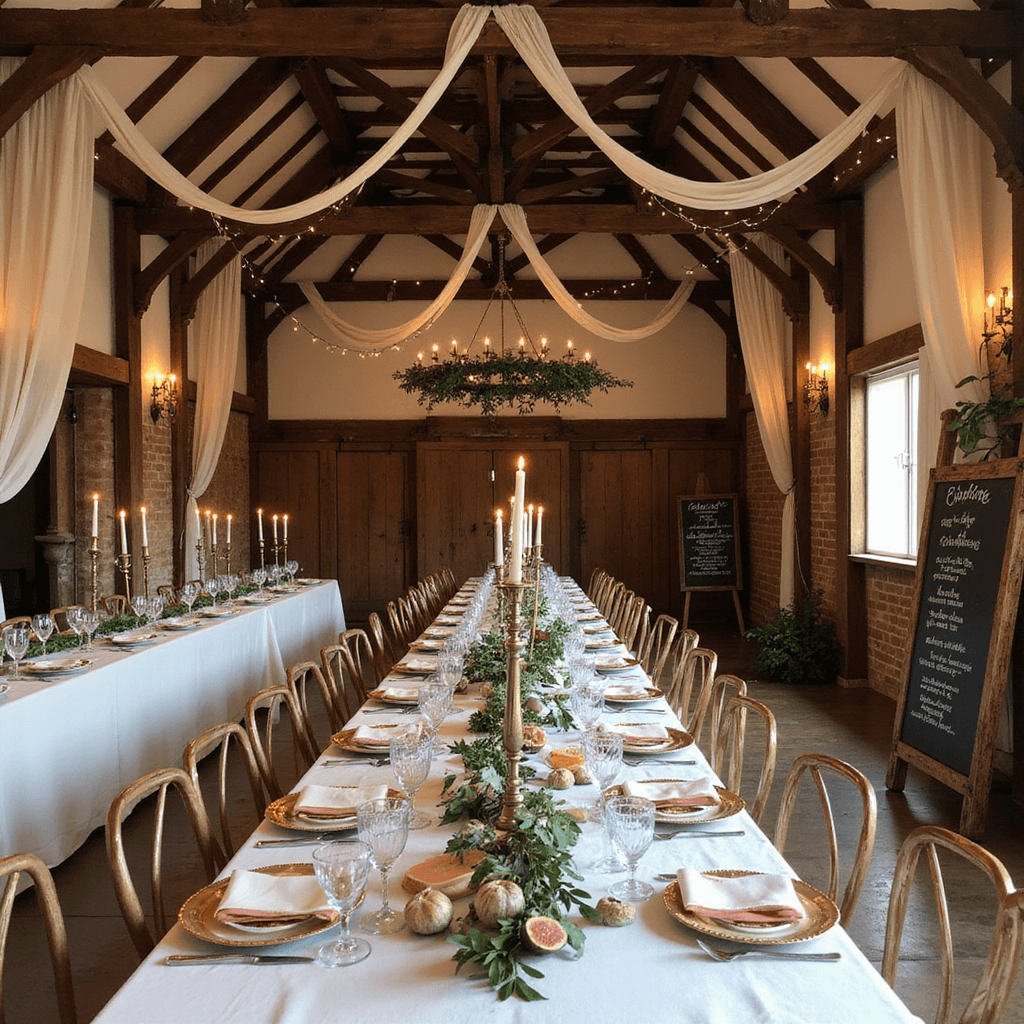 A beautifully decorated rustic barn interior for an elegant feast, featuring exposed wooden beams draped with fabric and fairy lights, long tables with cream linen, olive branch garlands, beeswax candles, gold-rimmed china, crystal glasses, a vintage ladder with cheeses and figs, and a chalkboard menu detailing the culinary offerings.