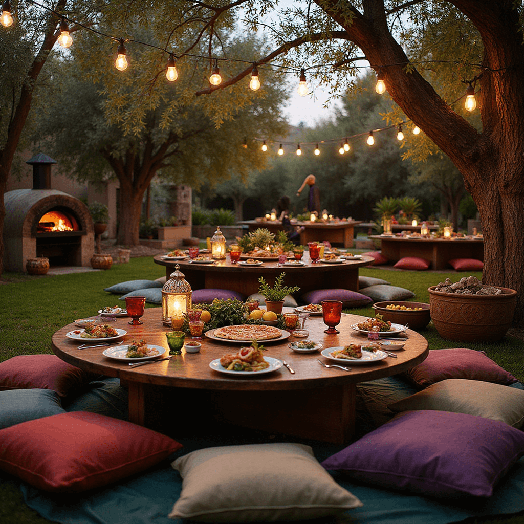 Lush Mediterranean garden at twilight with low tables surrounded by jewel-toned floor cushions, warm glow from Moroccan lanterns, colorful glassware, Edison bulbs overhead, and a mobile pizza oven with a chef serving a margherita pizza.