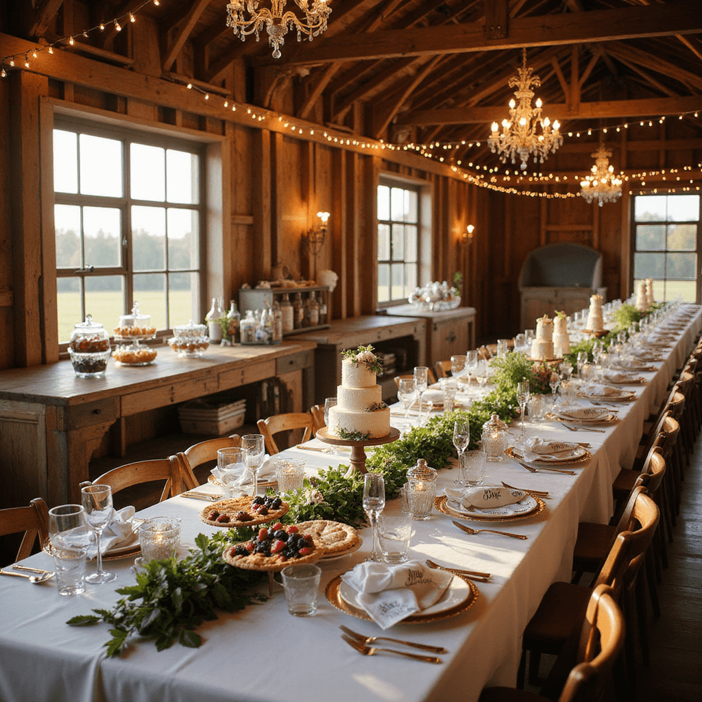 A rustic barn elegantly transformed for a dinner party, featuring long wooden tables with white linens and greenery runners, vintage chandeliers, mismatched antique china, gold flatware, and a stunning dessert table with a naked cake and mini pies, all illuminated by golden hour light and twinkling string lights.