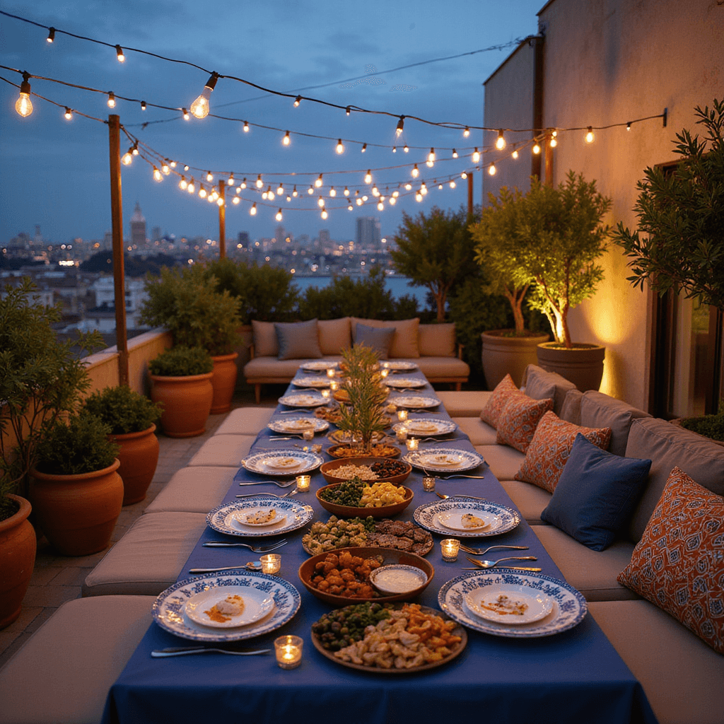 An intimate rooftop terrace at twilight, featuring a long table set for a Mediterranean feast with bistro lights overhead, deep blue linen, and a vibrant mezze spread. Guests relax on low sofas surrounded by terracotta pots of herbs and citrus trees, with a twinkling city skyline in the background.