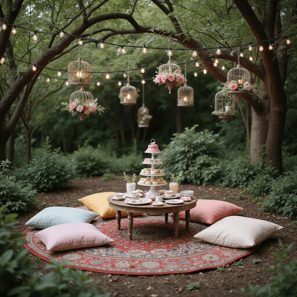 A whimsical garden party scene featuring a circular clearing surrounded by lush foliage and fairy lights, with a low table on a vibrant Persian rug, mismatched pastel teacups, a tiered cake stand with colorful treats, hanging floral arrangements, and vintage birdcages with succulents and tea lights.