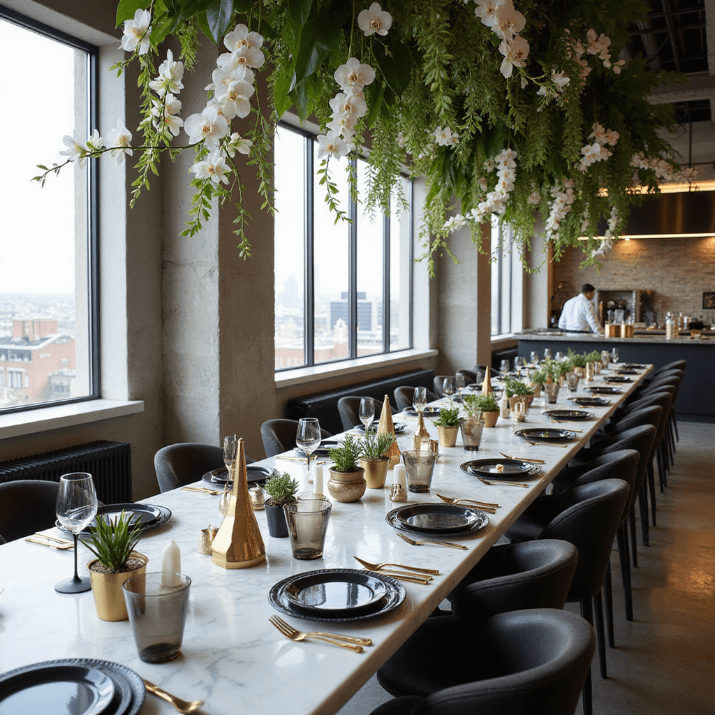 A chic dinner soirée in a modern loft with floor-to-ceiling city views, featuring long marble tables set with black plates, gold cutlery, smoky glass stemware, geometric brass candle holders, potted succulents, and a floral installation of white orchids and monstera leaves. The open kitchen is active with chefs plating gourmet courses, while a DIY cocktail station showcases copper bar tools and crystal decanters.