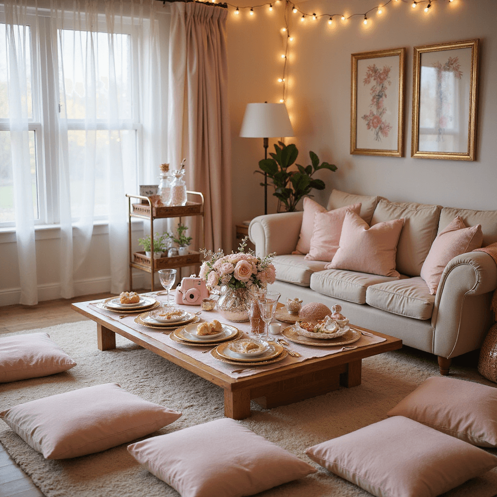 Galentine's Dinner Party: Your Ultimate Guide to Celebrating Female Friendship A cozy living room set for a Galentine's dinner party, featuring blush pink and gold decor, fairy lights overhead, a low coffee table with gold-rimmed plates and floral centerpieces, plush floor cushions, a DIY cocktail station on a bar cart, and heart-shaped desserts, all captured from an elevated angle.