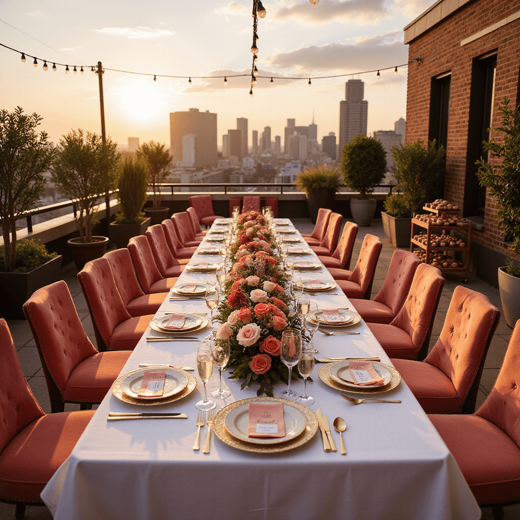 Galentine's Dinner Party: Your Ultimate Guide to Celebrating Female Friendship An elegant rooftop terrace set for a luxurious Galentine's celebration, featuring a long table with a white linen drape, coral and blush roses, gold cutlery, champagne flutes, delicate china with name cards, plush coral velvet chairs, string lights overhead, and a dessert cart with macarons and chocolate-dipped strawberries, framed by potted olive trees and an urban skyline view.