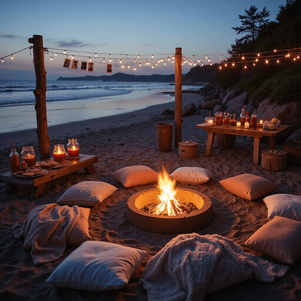 Galentine's Dinner Party: Your Ultimate Guide to Celebrating Female Friendship A cozy beachfront bonfire setup for a Galentine's gathering at dusk, featuring oversized pillows, a crackling fire pit, and fairy light lanterns, with a rustic charcuterie buffet and mason jars of sangria, all set against the shimmering ocean in the background.