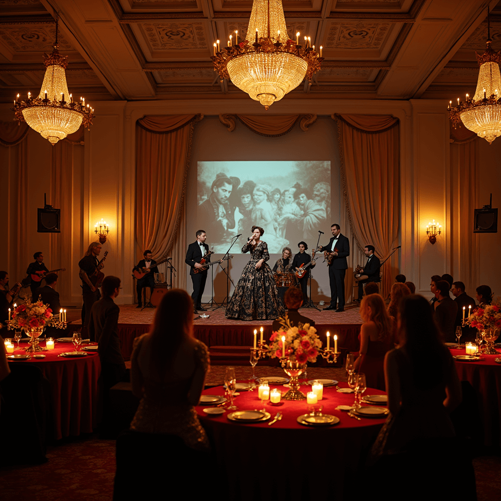 A lavish, dimly lit ballroom features The Last Dinner Party performing on a raised stage, with the lead singer dramatically backlit. Surrounding tables draped in deep red velvet are adorned with candelabras and floral arrangements, while captivated guests in formal attire enjoy the atmosphere illuminated by Art Nouveau sconces and projected historical imagery.