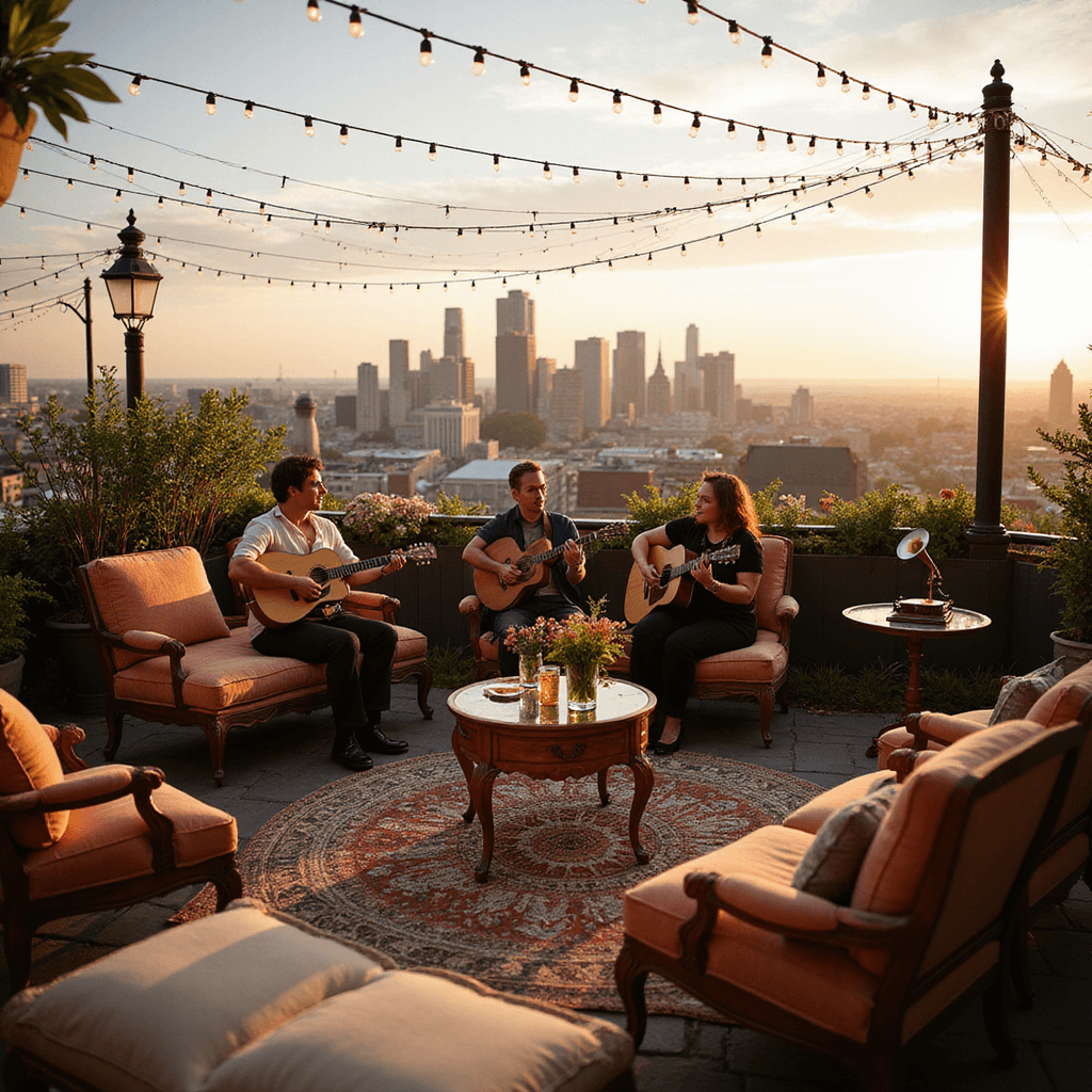 An intimate rooftop terrace at golden hour, featuring The Last Dinner Party performing an acoustic set on vintage velvet chaises, surrounded by string lights. Listeners relax on plush cushions by low tables with antique curiosities and wildflowers, with a city skyline backdrop. Waiters in 1920s attire serve champagne, and a vintage gramophone stands ready for music.