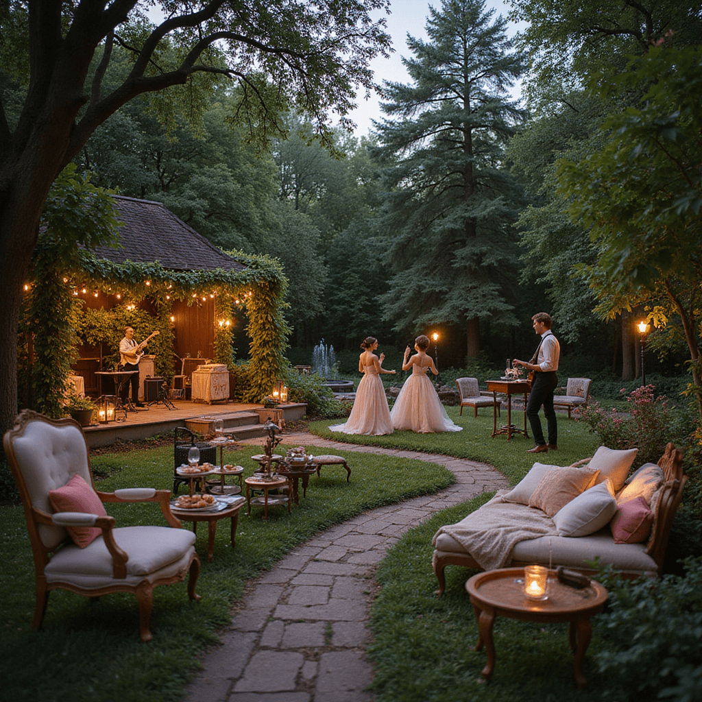 A twilight English garden with fairy lights in the trees, featuring The Last Dinner Party on a makeshift stage surrounded by ivy and roses. Band members in flowing gowns perform as intimate seating areas with mismatched antique furniture and plush pillows are scattered around, adorned with tea sets and tiered cakes. Lanterns illuminate winding paths, while a distant fountain adds to the serene atmosphere.