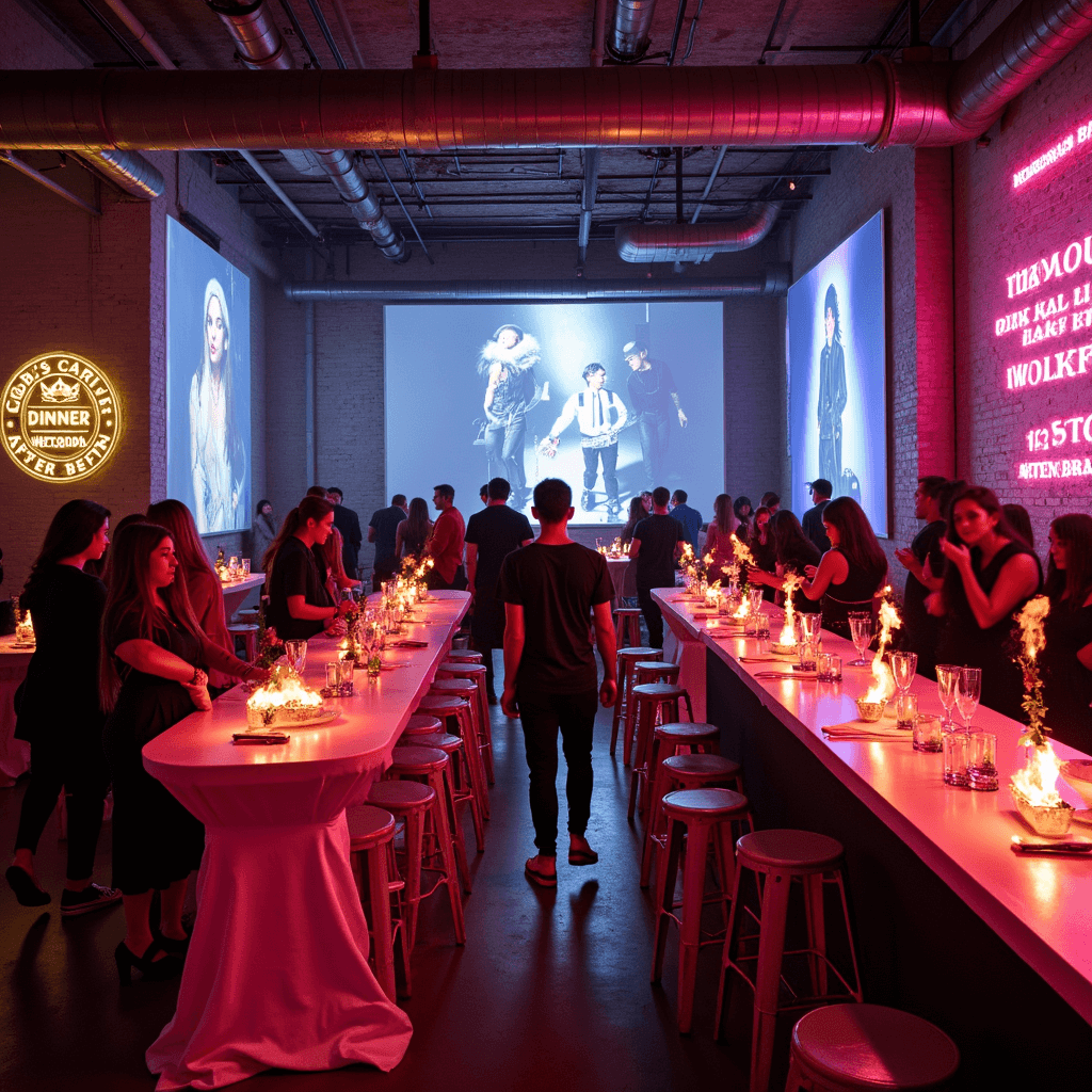 A vibrant industrial loft hosting The Last Dinner Party, featuring colorful lighting, avant-garde art, and projections of music videos, with guests at high cocktail tables, a bar serving smoking molecular cocktails, and neon song lyric signage on exposed brick walls.