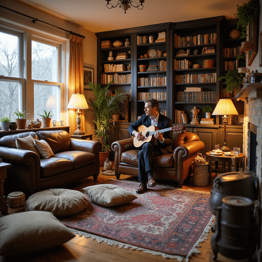 A cozy bohemian living room hosts an intimate house concert with The Last Dinner Party performing acoustically on a Chesterfield sofa, surrounded by listeners lounging on eclectic floor pillows and rugs, warm lighting from mismatched lamps and candles, a record player playing vinyl, and a table with artisanal cheeses and wine.