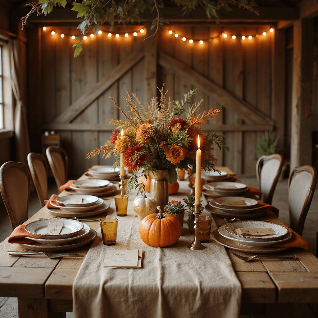 A cozy Friendsgiving tablescape in a rustic barn, featuring a long wooden table dressed with a linen runner, vintage plates, burnt orange napkins, and a centerpiece of autumn flowers, mini pumpkins, and flickering brass candlesticks, all illuminated by warm string lights and surrounded by natural elements.