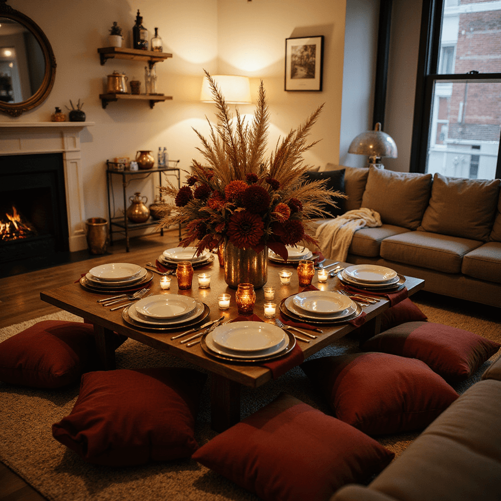 An intimate Friendsgiving gathering in a modern apartment features a low coffee table surrounded by jewel-toned cushions, set with metallic chargers and white ceramic plates, adorned with a dramatic centerpiece of dried pampas grass and dark red dahlias, illuminated by candlelight and warm lamps. Cozy throws and a gleaming bar cart with copper mugs complete the inviting atmosphere.