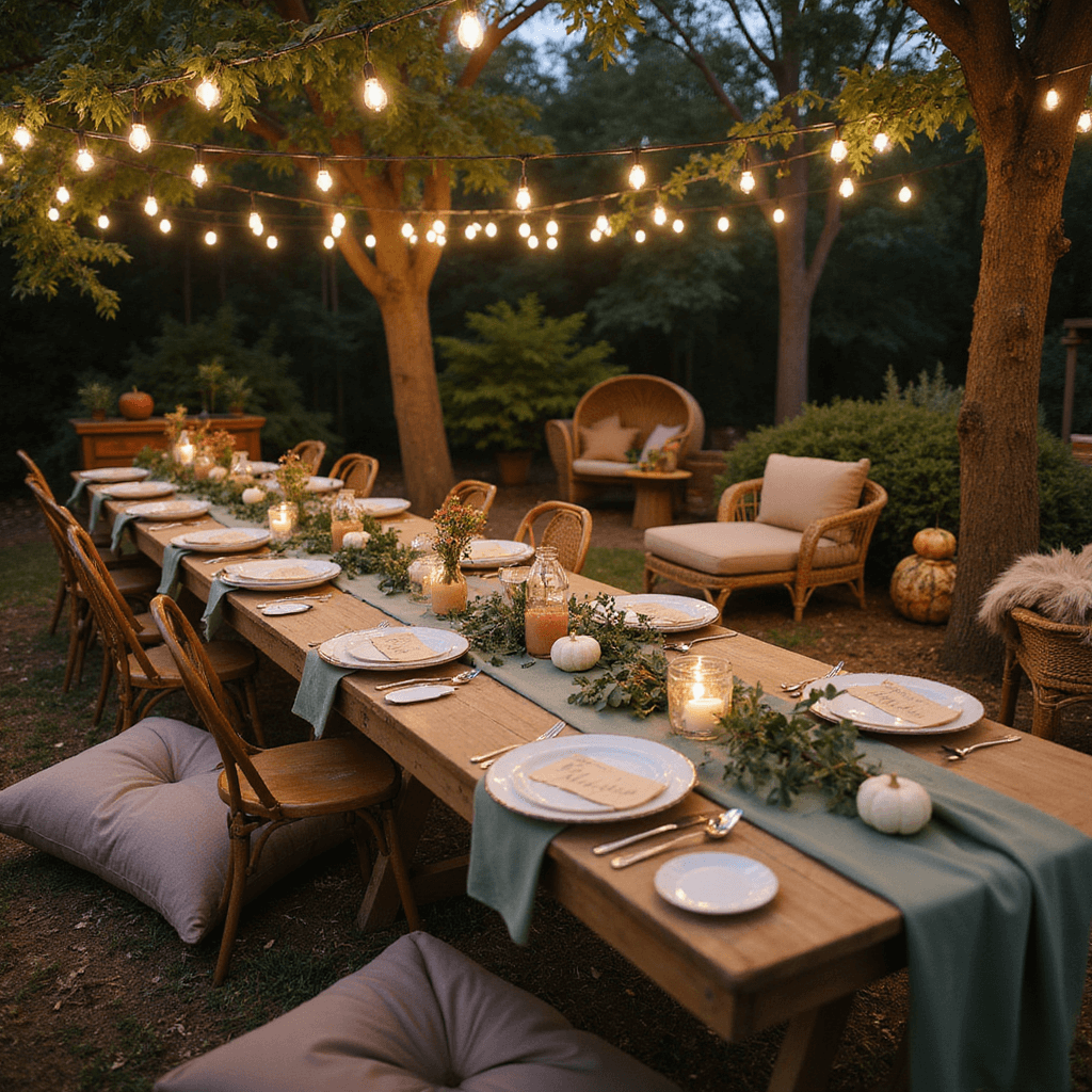 A whimsical Friendsgiving setup in a fairy-lit backyard at twilight, featuring long picnic tables with sage green linens, eucalyptus garlands, tiny white pumpkins, mismatched vintage chairs, oversized floor pillows, kraft paper placemats with gold calligraphy, enamelware plates in fall colors, mason jars with wildflowers and floating candles, and a cozy lounge area with rattan furniture and faux fur throws.