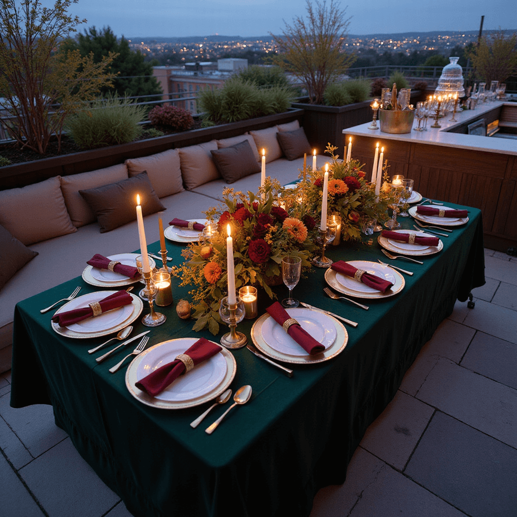 An elegant Friendsgiving celebration on a rooftop terrace at dusk, featuring a U-shaped table with lush forest green velvet tablecloths, gold rimmed chargers, and sophisticated place settings. Cascading centerpieces of dahlias and oak leaves, tall taper candles, and a nearby champagne tower enhance the intimate atmosphere, complemented by plush throw pillows on bench seating.