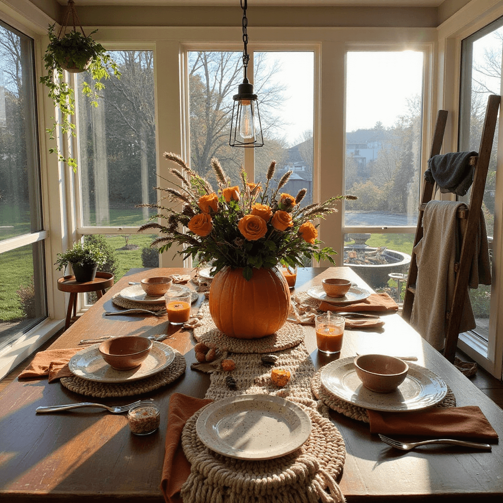 A cozy sunroom set for a Friendsgiving gathering, featuring a farmhouse table with a macramé runner and terra cotta accents, speckled ceramic plates, and a centerpiece of a pumpkin filled with orange roses and wheat. Floor-to-ceiling windows showcase a nearby fire pit and hanging plants, blending indoor and outdoor elements.