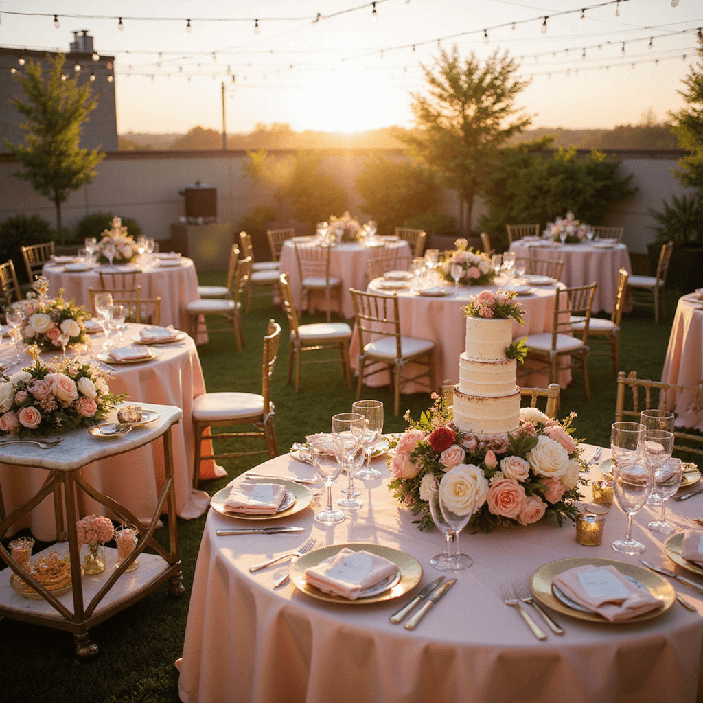 An elegant rooftop terrace for a birthday soirée, featuring round tables with blush silk linens, lush floral centerpieces, gold-rimmed place settings, twinkling fairy lights above, a marble dessert cart with a tiered naked cake, and a glistening champagne tower, all illuminated by warm sunlight.