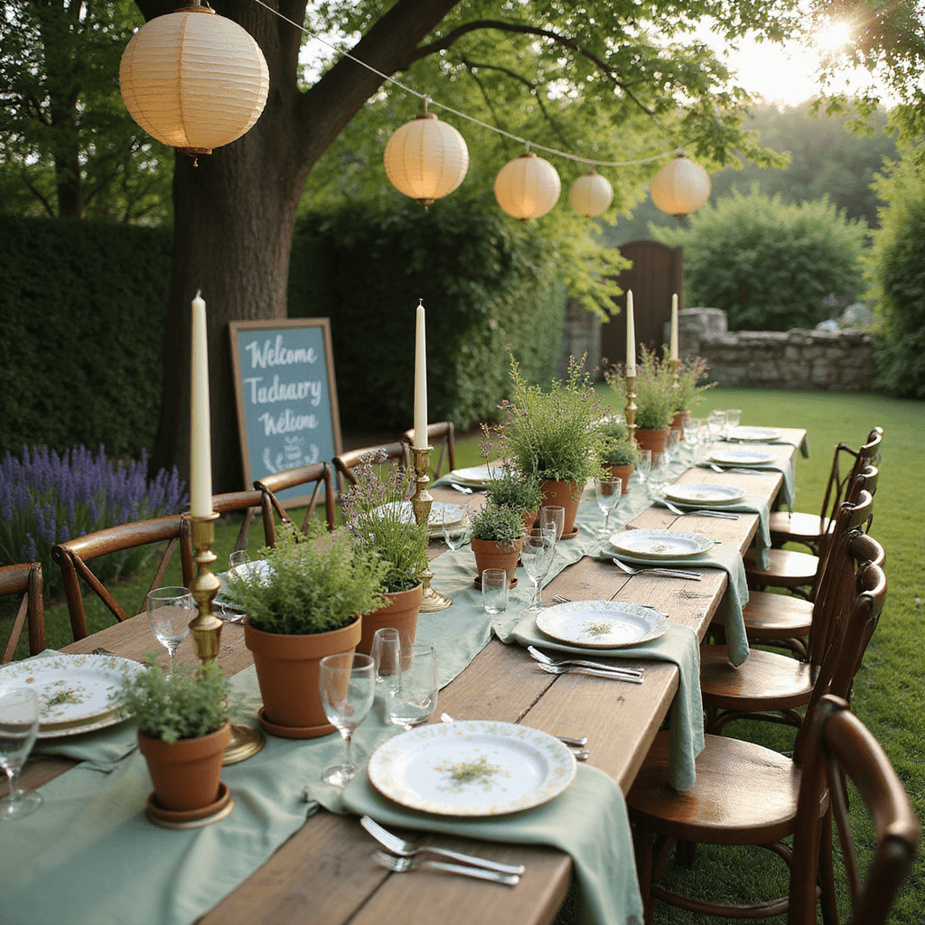An intimate garden party with a long farmhouse table adorned in sage green linen, rustic terracotta pots of herbs and wildflowers, vintage brass candlesticks, mismatched pastel china, crystal glasses, and antique silverware, all bathed in soft morning light and surrounded by lush greenery and delicate paper lanterns.