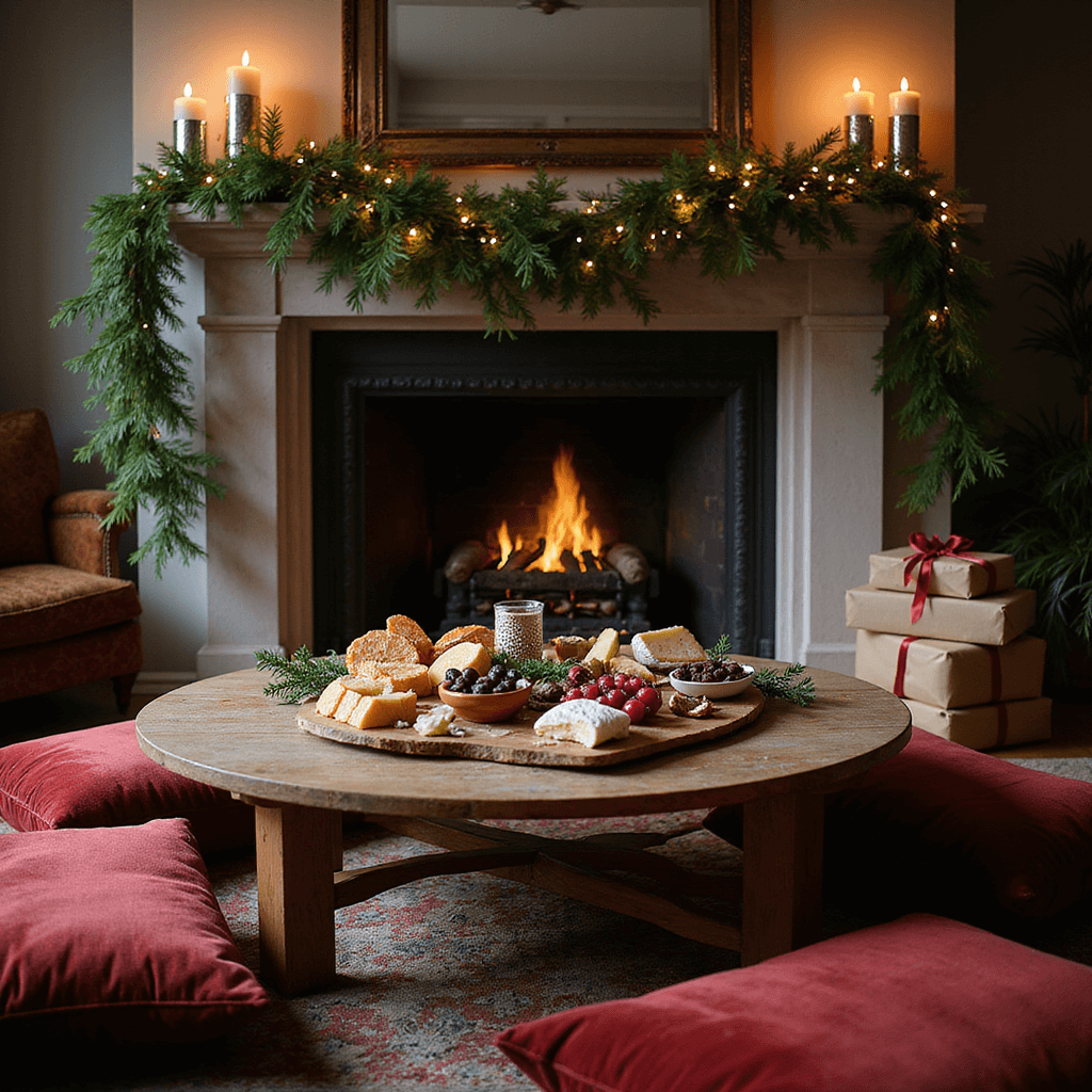 A cozy winter birthday living room featuring a low coffee table surrounded by plush jewel-toned cushions, adorned with a lavish grazing board of cheeses, fruits, and chocolates. Twinkling fairy lights and candles create a warm glow along the mantelpiece, complemented by a stack of beautifully wrapped gifts with silk ribbons. The scene is captured from a low angle, highlighting the inviting textures and candlelight.