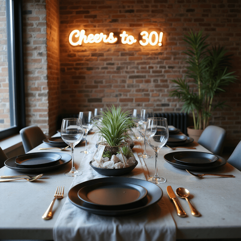 A chic city loft dining setup for a modern milestone birthday dinner, featuring a polished concrete table with grey linen runners, black matte plates, gold cutlery, and geometric terrariums. A neon sign reading 'Cheers to 30!' glows against an exposed brick wall, showcasing the contrast of industrial textures and elegant decor.