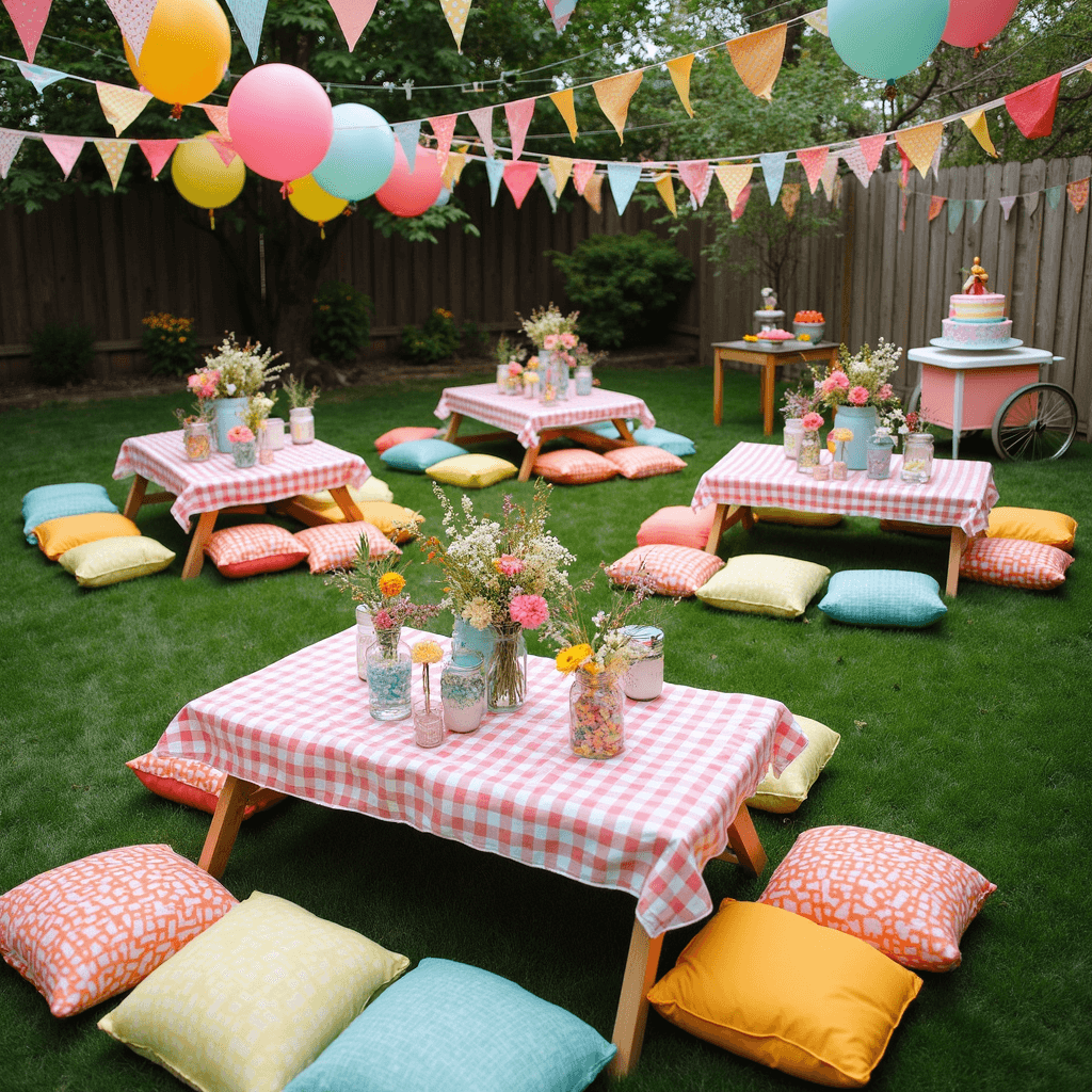 A cheerful backyard birthday party scene viewed from above, featuring picnic tables with gingham cloths, colorful floor pillows, wildflower centerpieces, a dessert station with a rainbow cake and candy, oversized paper flowers, bunting, and a vintage ice cream cart, all set against a vibrant color palette.