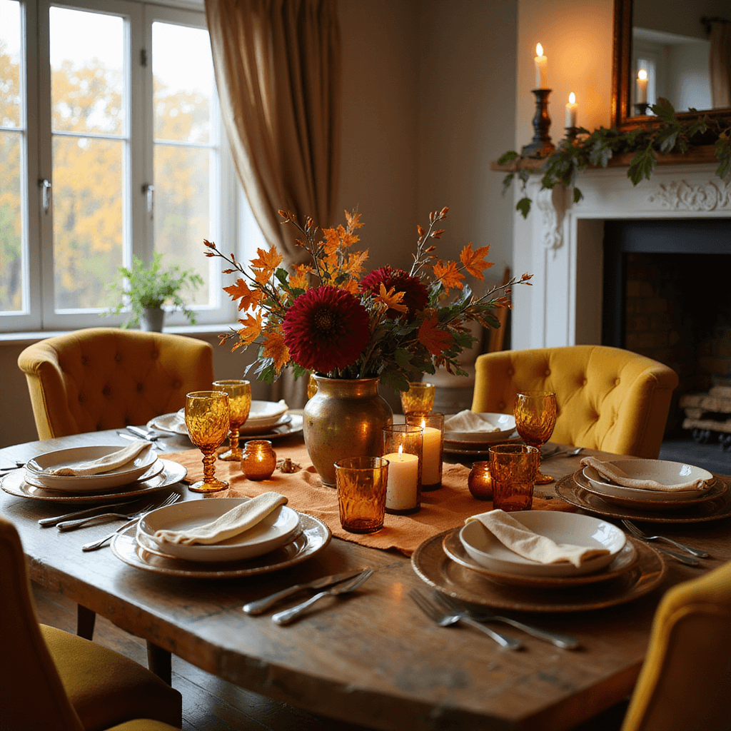 A cozy fall dinner party setting in a living room, featuring a rustic wooden dining table with a burnt orange linen runner, creamy ceramic plates on copper chargers, and amber glassware. A lush centerpiece of deep red dahlias, orange maple leaves, and olive branches in a brass vase is complemented by flickering candles and a crackling fireplace. Surrounding the table are plush mustard yellow velvet armchairs, inviting a warm, intimate atmosphere.