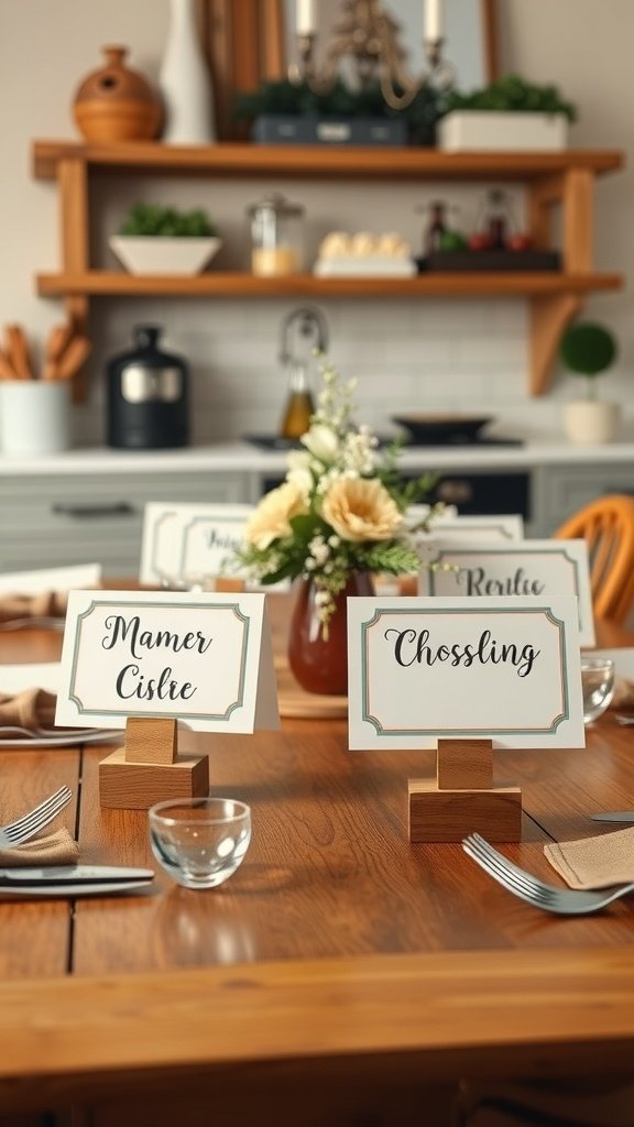 Wooden place card holders with names on a farmhouse kitchen table