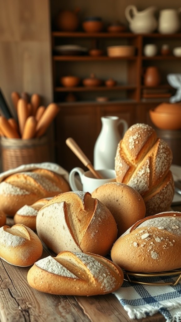 A display of various artisan breads on a farmhouse kitchen table with a white pitcher and wooden utensils.