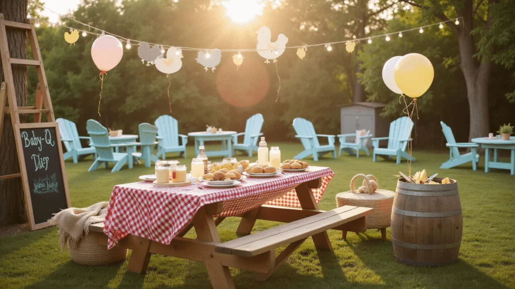 A sunlit backyard baby shower scene featuring a rustic picnic table with a gingham tablecloth, grilled sliders, corn, and lemonade, under vintage string lights, with whimsical chicken balloons, a drink station, and Adirondack chairs in the background.