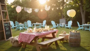 Summer Baby Shower Ideas: A Refreshing Celebration of New Life A sunlit backyard baby shower scene featuring a rustic picnic table with a gingham tablecloth, grilled sliders, corn, and lemonade, under vintage string lights, with whimsical chicken balloons, a drink station, and Adirondack chairs in the background.