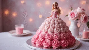 Photorealistic image of a Barbie doll cake with a pink ombre buttercream dress, featuring decorative rosettes and ruffles, set on a silver cake stand against a softly blurred party background.