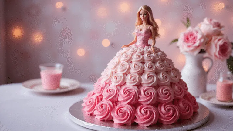 Photorealistic image of a Barbie doll cake with a pink ombre buttercream dress, featuring decorative rosettes and ruffles, set on a silver cake stand against a softly blurred party background.