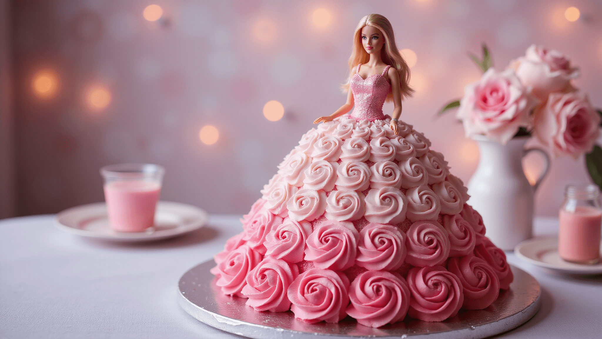 Photorealistic image of a Barbie doll cake with a pink ombre buttercream dress, featuring decorative rosettes and ruffles, set on a silver cake stand against a softly blurred party background.