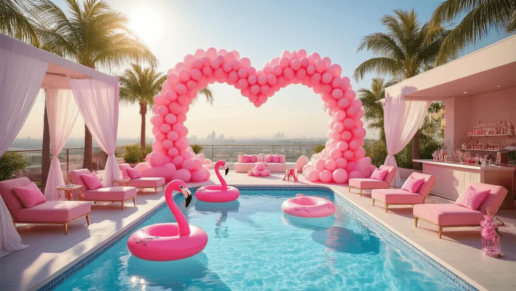 A luxurious rooftop pool party featuring a heart-shaped infinity pool, pink and white décor, velvet lounge chairs, and a dramatic balloon arch, illuminated by golden hour sunlight.