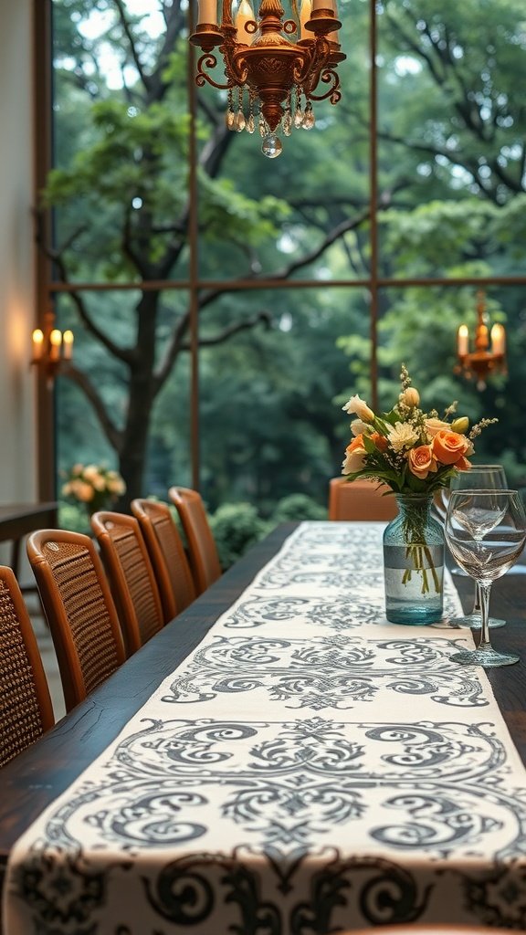 A beautifully set table with an intricate table runner, fresh flowers, and a chandelier in a garden party setting.